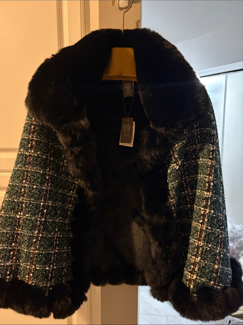 SALE Vince Camuto Women's Green Tweed Coat with Black Faux Fur Trim one size